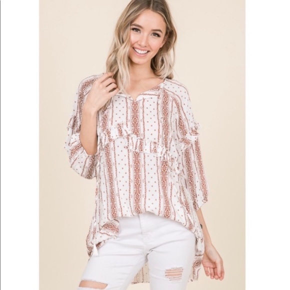 New! Boho Ruffles Tunic Tassels Hi Lo Hem and Elastic stretchy Cuffs Top - Picture 3 of 8